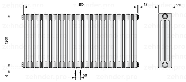 Схема (чертеж) Радиатор Zehnder Charleston 4120/25 №3470 Белый глянцевый RAL 9016